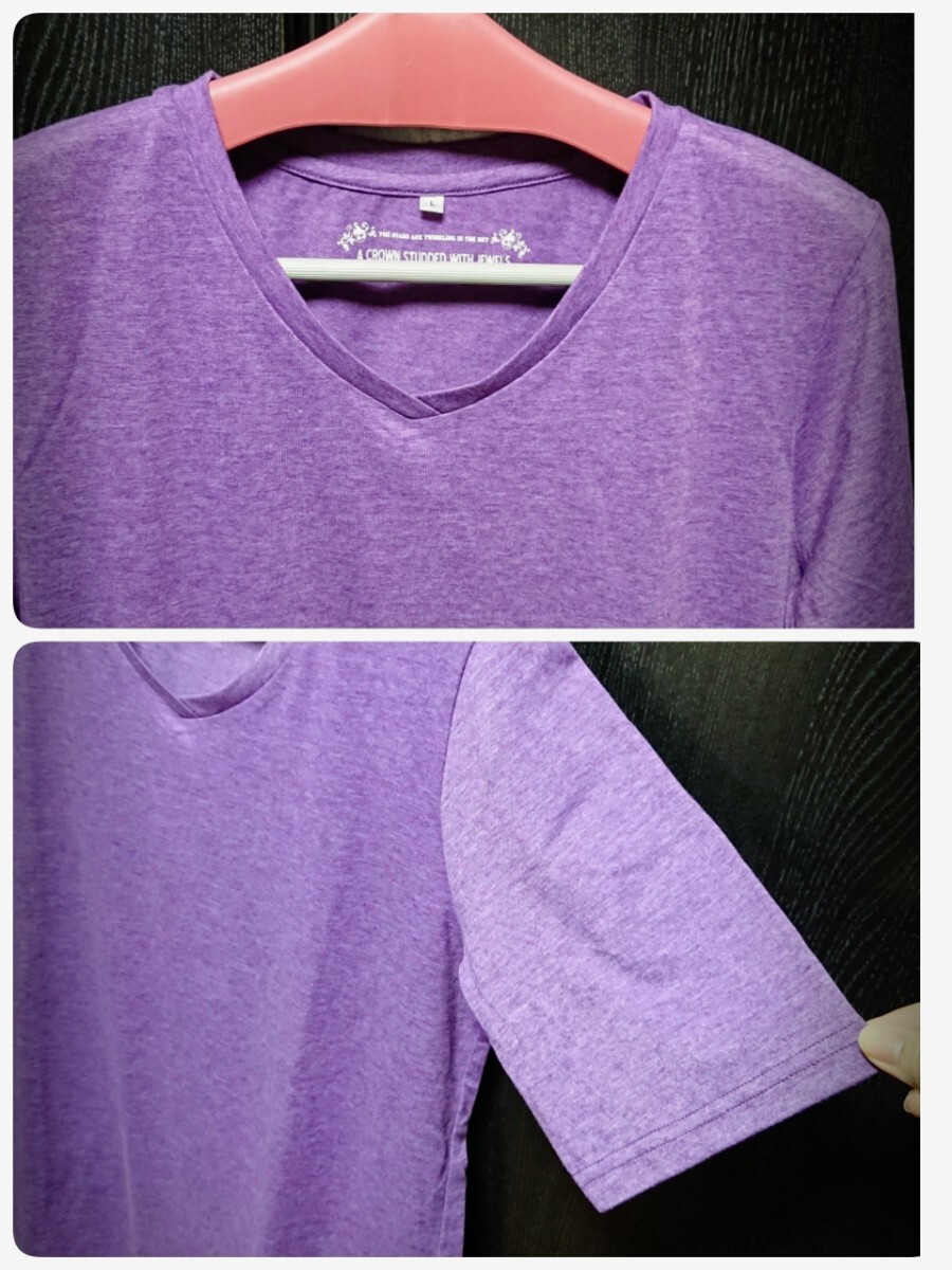 セシール　Vネック　4分袖　カットソー　Tシャツ　パープル　紫　L ナチュラル　カジュアル　シンプル　春夏　二の腕カバー