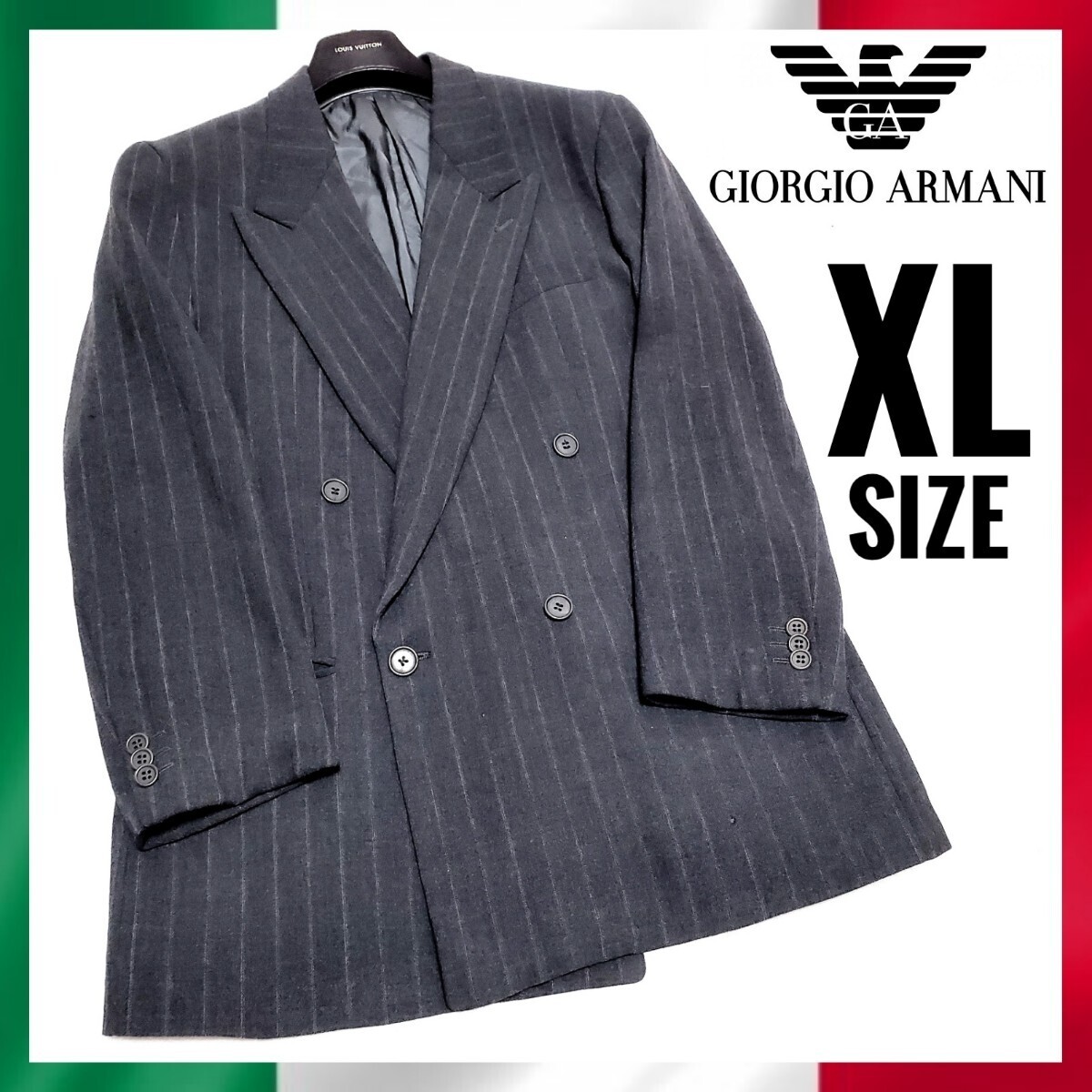 【90'sヴィンテージ】最高級　ジョルジオアルマーニ　イタリア製　GIORGIO ARMANI　ダブルブレスト　テーラードジャケット　XL　グレー_画像2