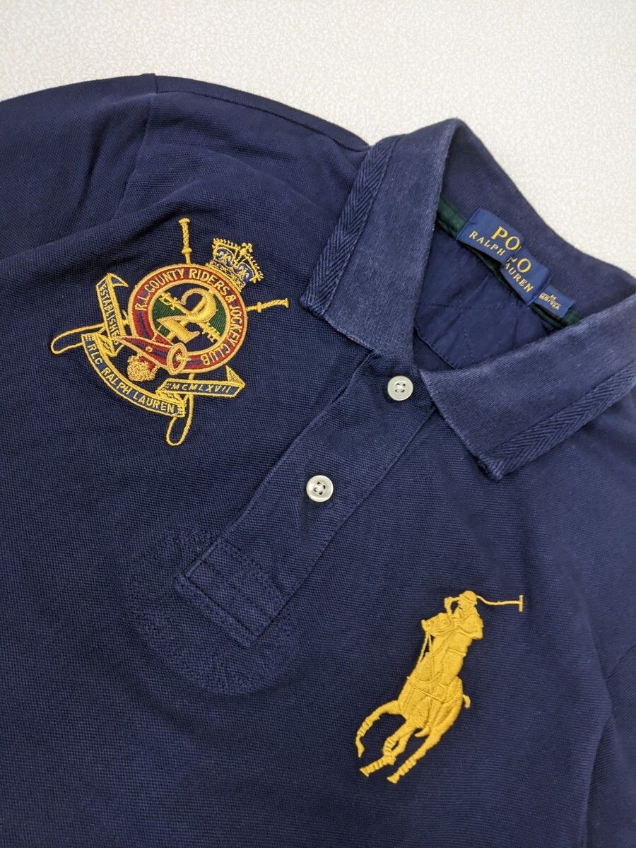 18．ラルフローレン POLO RALPH LAUREN ビックポニー エンブレム 鹿の子 ラガーシャツ ポロシャツ メンズM ネイビー黄色緑 x309_画像3