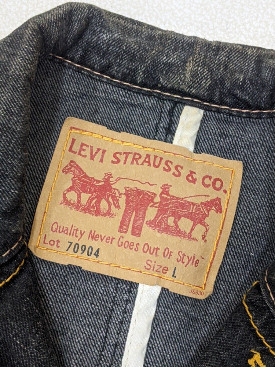 4．03年製 リーバイス 00s LEVI'S 70904 ダメージ加工 ブラックデニムジャケット カバーオール Gジャン メンズL 黒y410_画像3