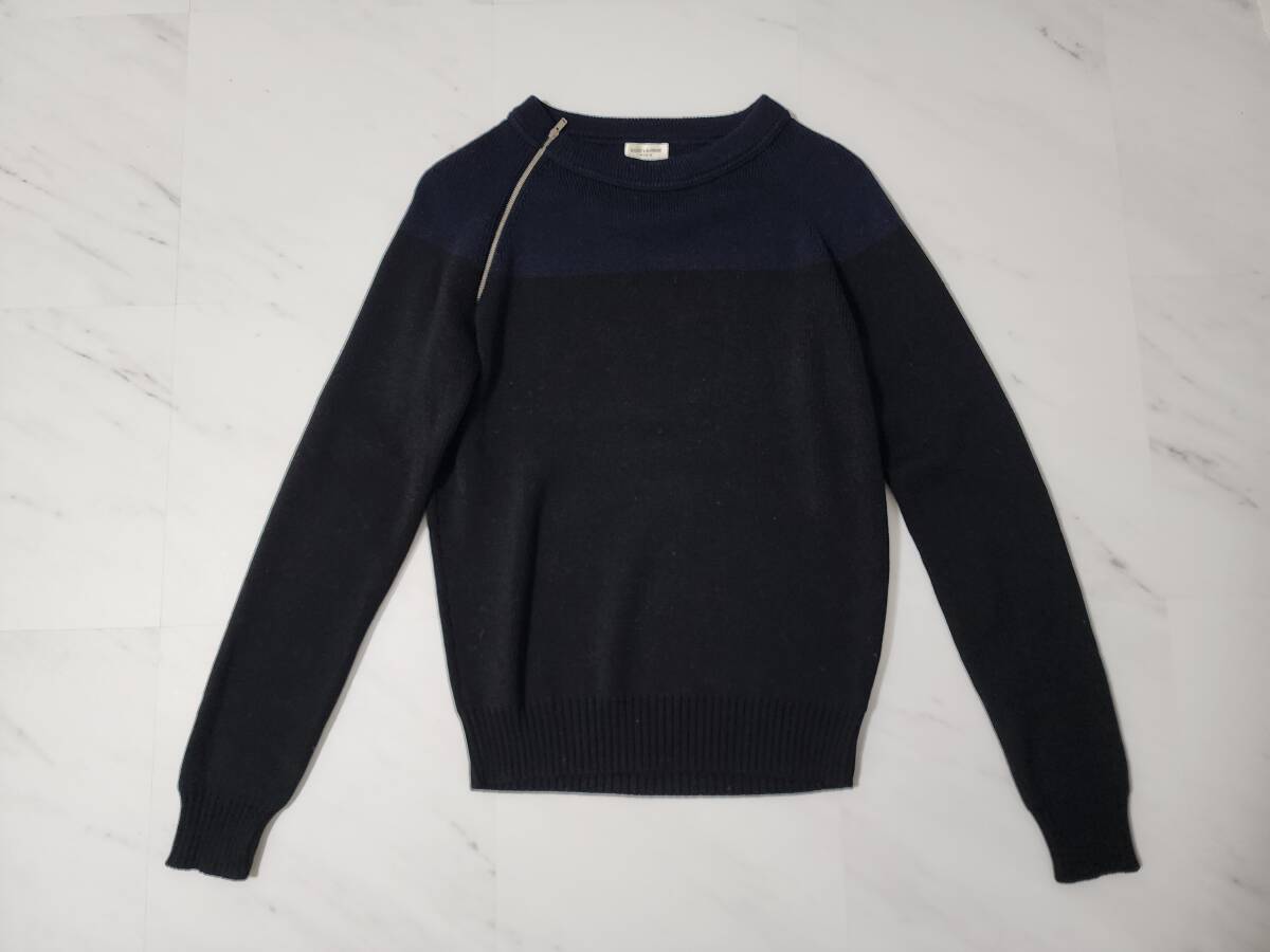 [ rare ] Eddie period sun rolan Paris Zip design blue x black bai color sweater knitted M / Saint Laurent Paris navy blue black men's 