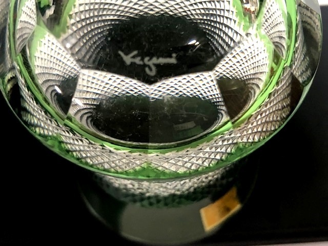 ◎KAGAMI カガミクリスタル 緑色被せ切子 懐石杯 江戸切子 魚子紋◎z59_画像5