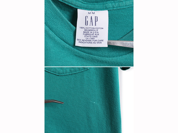 90s USA производства OLD GAP с карманом одноцветный короткий рукав футболка мужской M / б/у одежда 90 годы Old Gap pokeT одноцветный T одиночный стежок старый бирка зеленый 