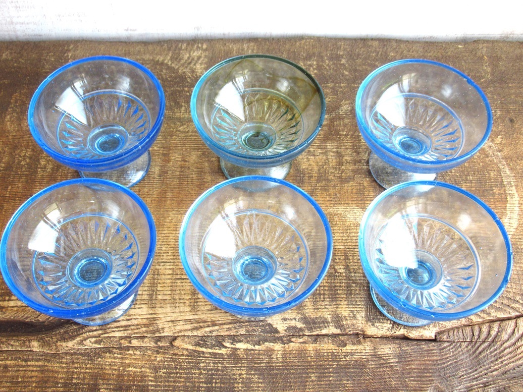 A699　氷コップ　青色ガラス　型ガラス　六客　昭和レトロ　大正ロマン_画像2