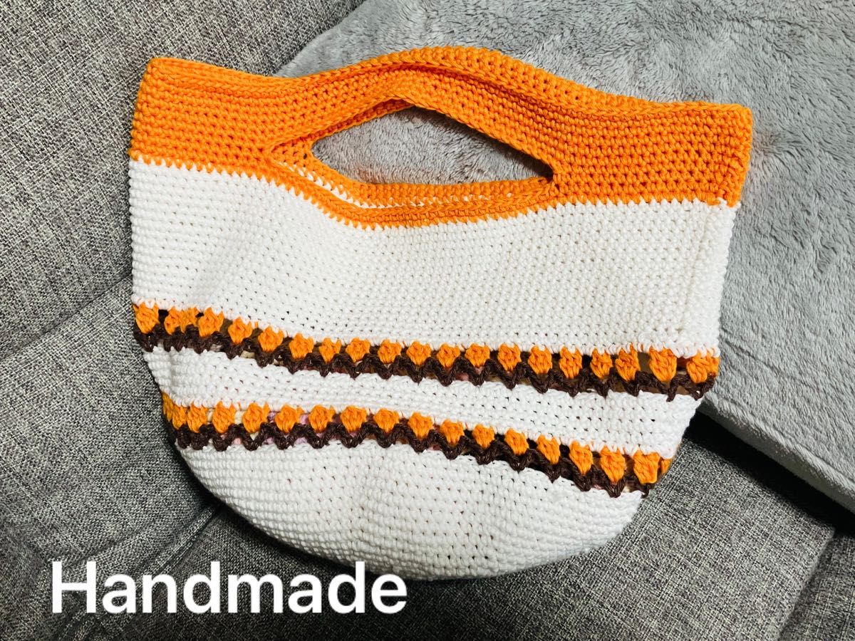 ハンドメイド　チューリップ柄　編み物　円形　ハンドバッグ　オレンジ　韓国　北欧