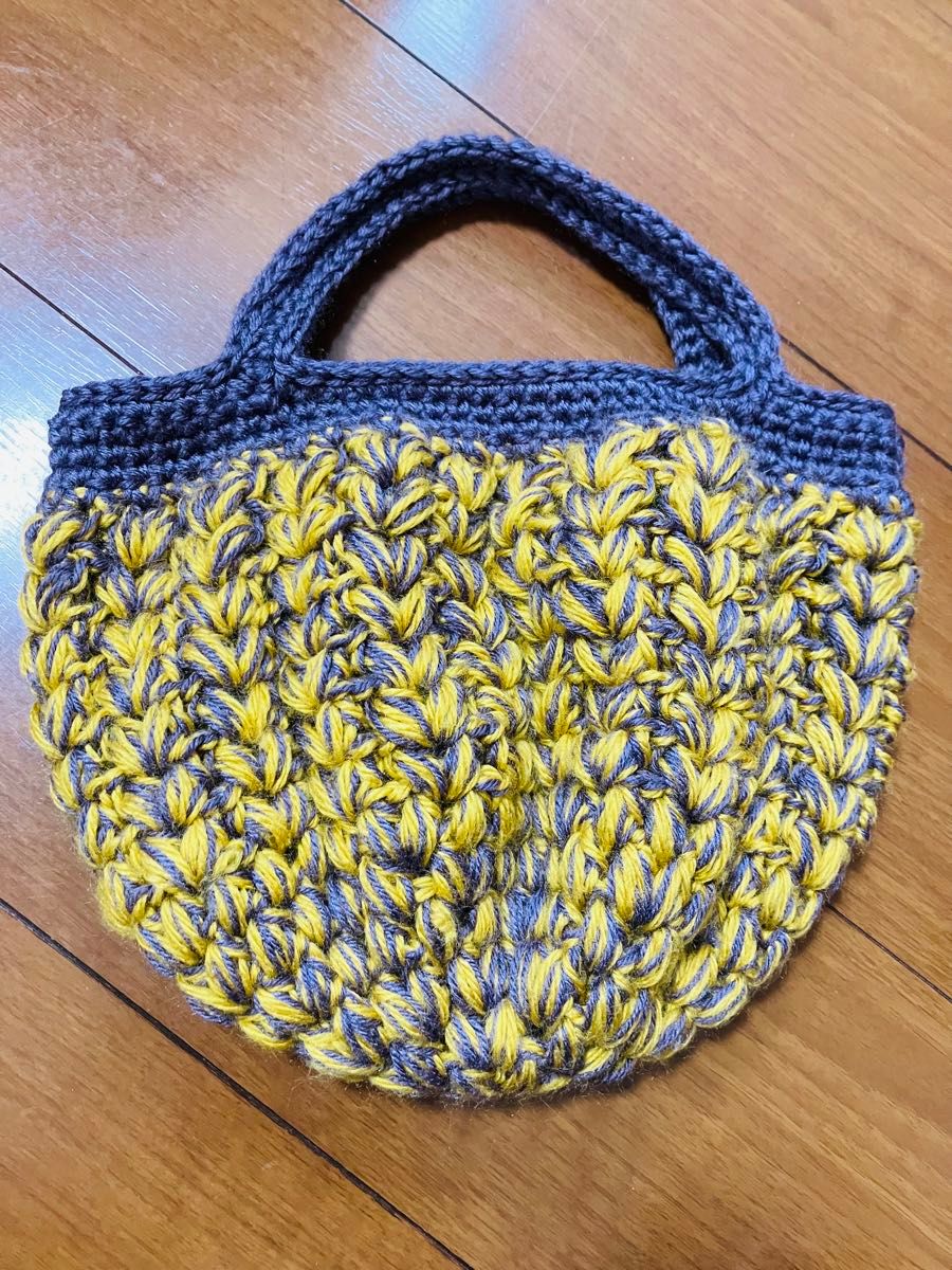 ハンドメイド　ハンドバッグ　お買い物バッグ　イエロー　パープル　韓国　編み物　手編みバッグ