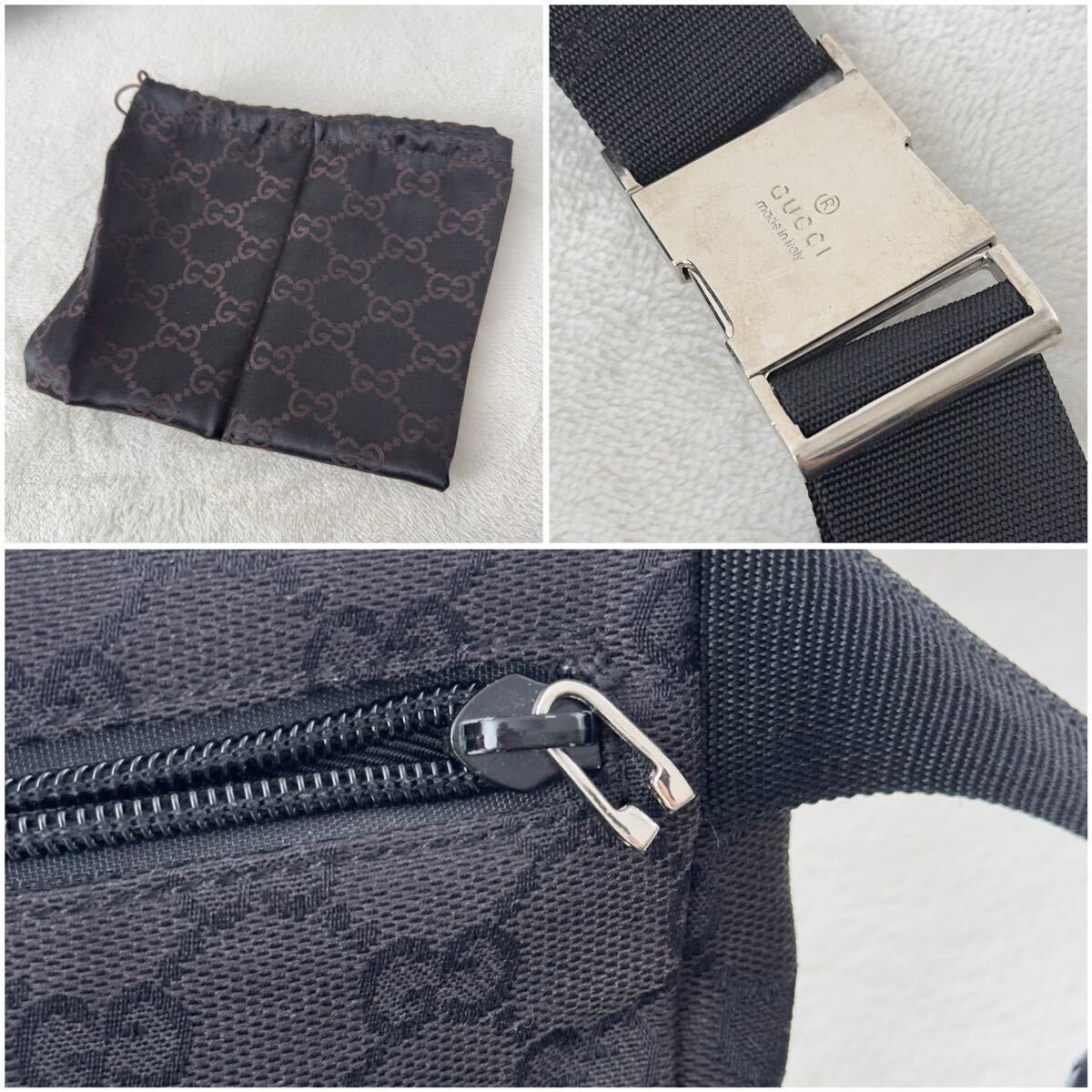 1 jpy ~*GUCCI Gucci waist bag body bag belt bag shoulder bag gg pattern 018*1621 black leather canvas black 