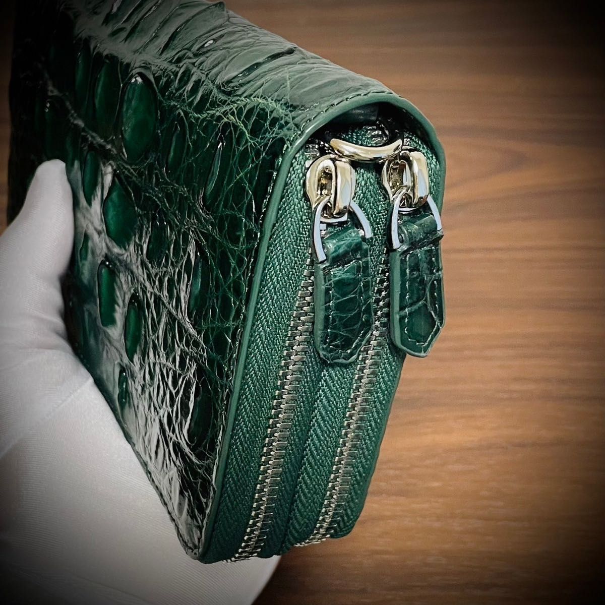 クロコダイル ダブルジッパー メンズ財布 ダブルファスナー 長財布 抜群の収納力 大容量 証明付 大容量 グリーン 緑