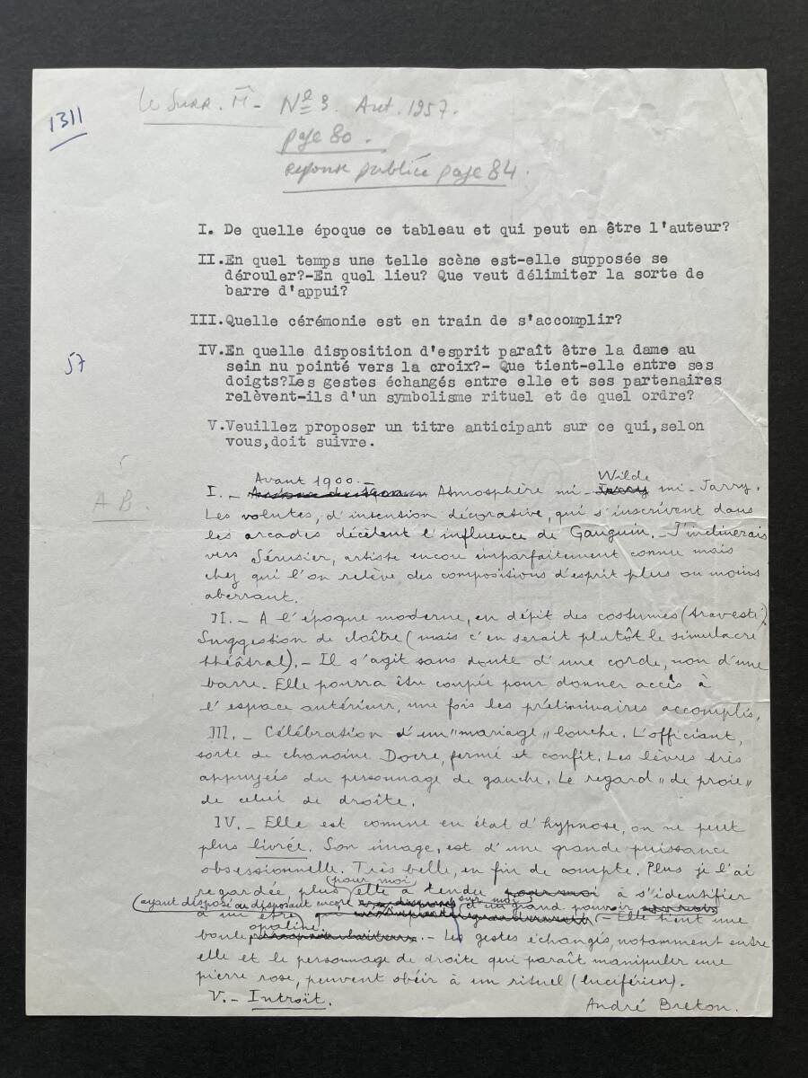 真作 Andre Breton アンドレ・ブルトン　直筆書簡　署名入　1957年頃　ジャン=ジャック・ポーヴェール　シュールレアリスム関連資料_画像1