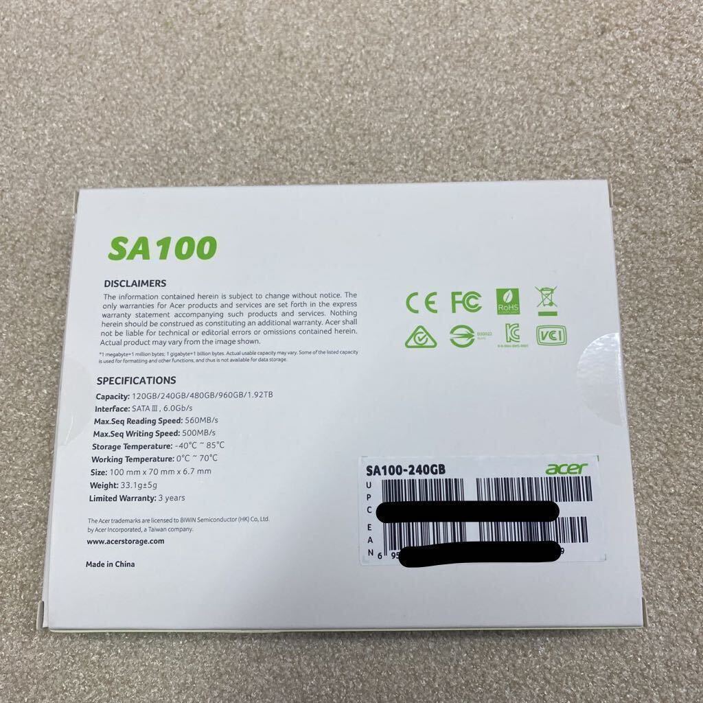 【12】大量購入歓迎 新品未使用未開封品 Acer SA100-240GB 3D NAND SATA 2.5インチSSD 最大読み取り速度560MB/s最大書き込み速度500MB/s_画像2