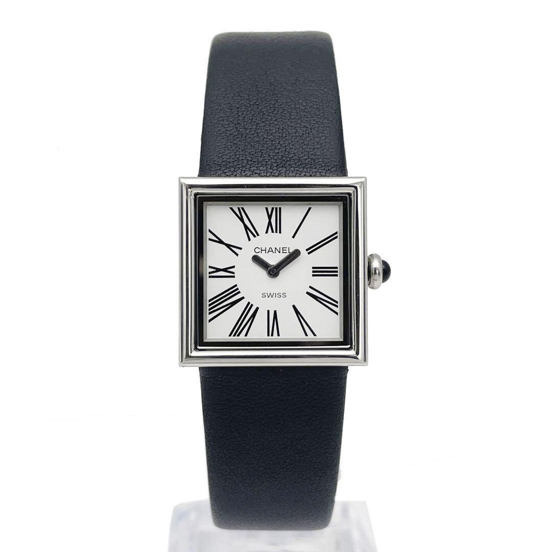 CHANEL シャネル レディース腕時計 マドモアゼル QZ シルバー ブラック 白文字盤 H1665 ※新品革ベルトに交換済み_画像1
