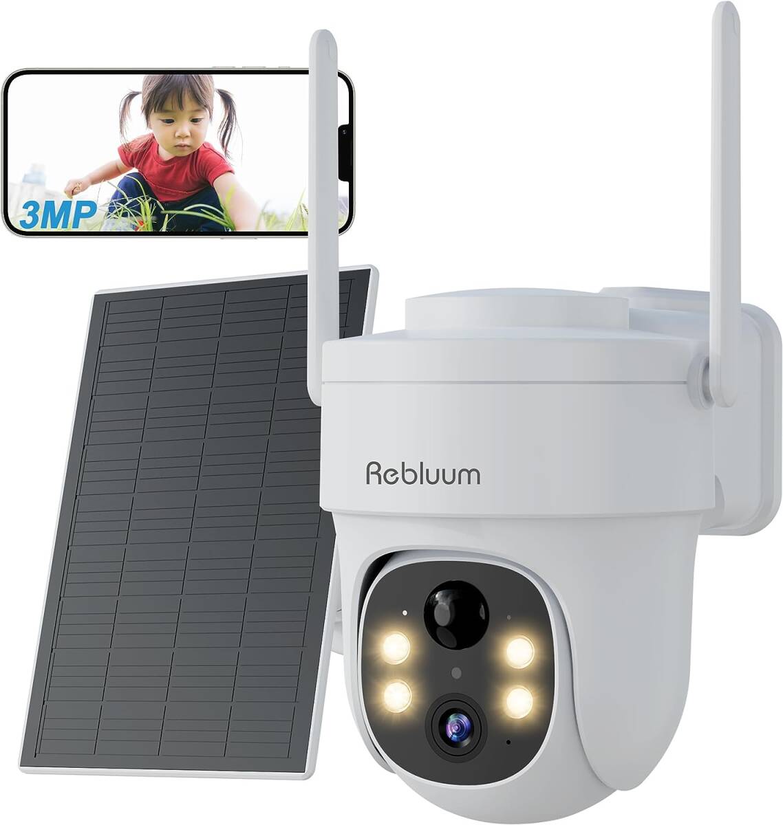【美品】Rebluum 防犯カメラ 屋外 ソーラー LM2323 300万画素 夜間暗視撮影 Alexa対応 IP65 360° 遠隔操作 動作検知 電源不要 WiFi対応