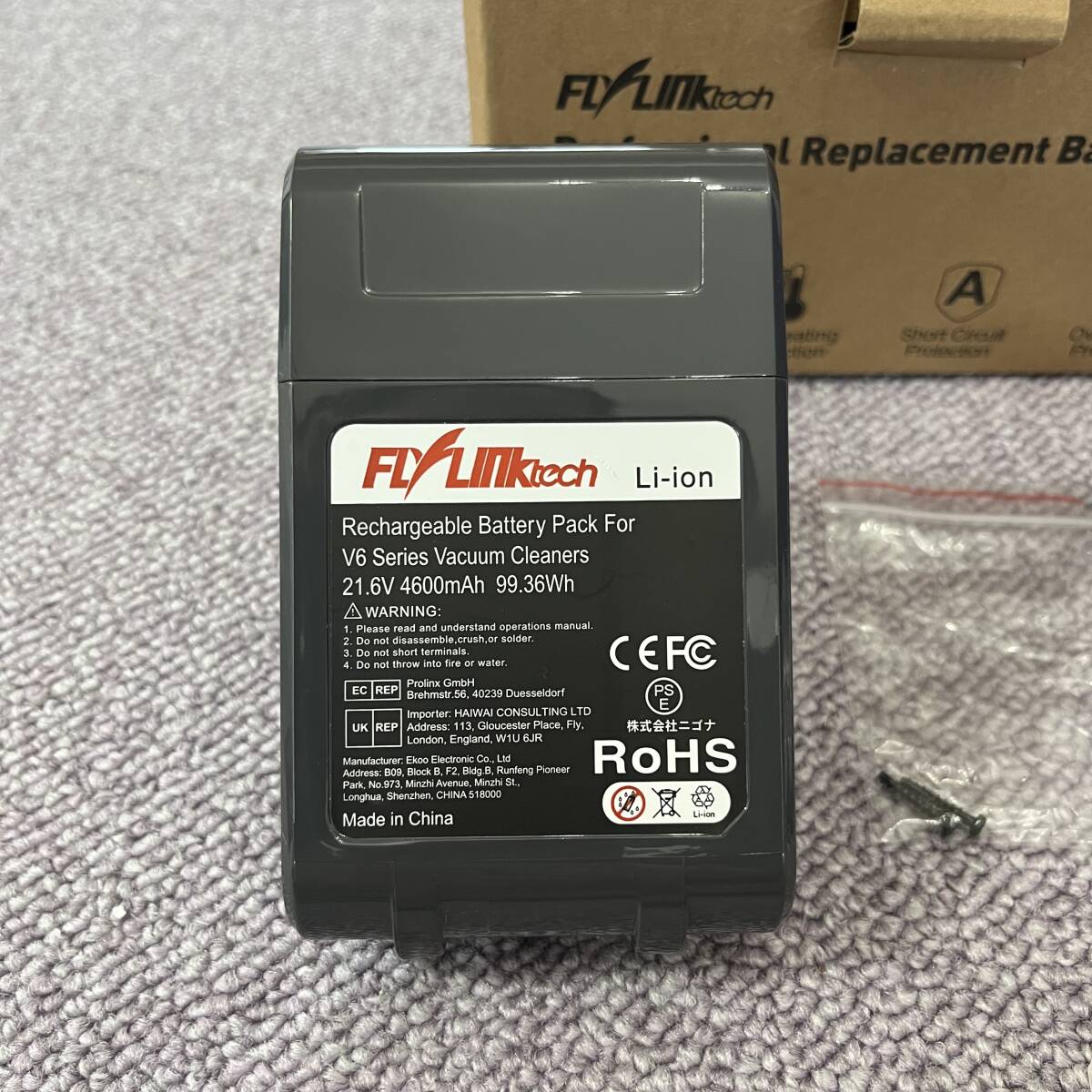 【未使用】FLYLINKTECH ダイソンバッテリー LM2294 v6 21.6V 4600mAh 互換品 dyson v6 DC62 DC61 HH08 DC59 DC58 DC74 SV03 SV04 SV05 SV06_画像2