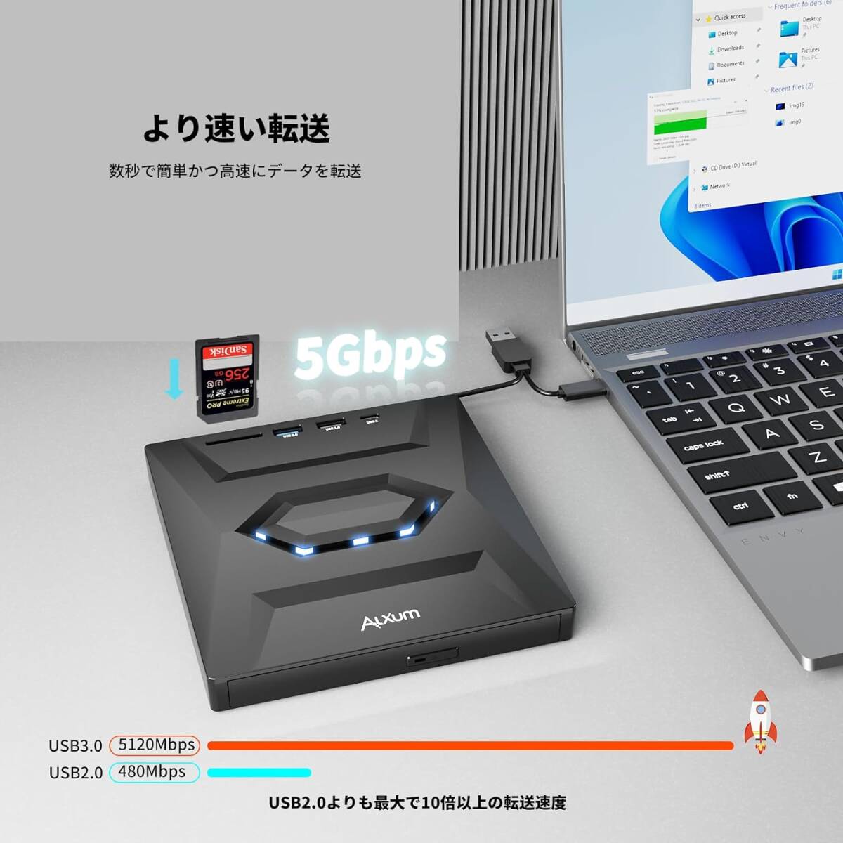【未使用】Alxum ラップトップ用外付けCD DVDドライブ LM2302 Type-C USB 3.0ポータブルCDバーナーライター SDスロット＆USBポート付き