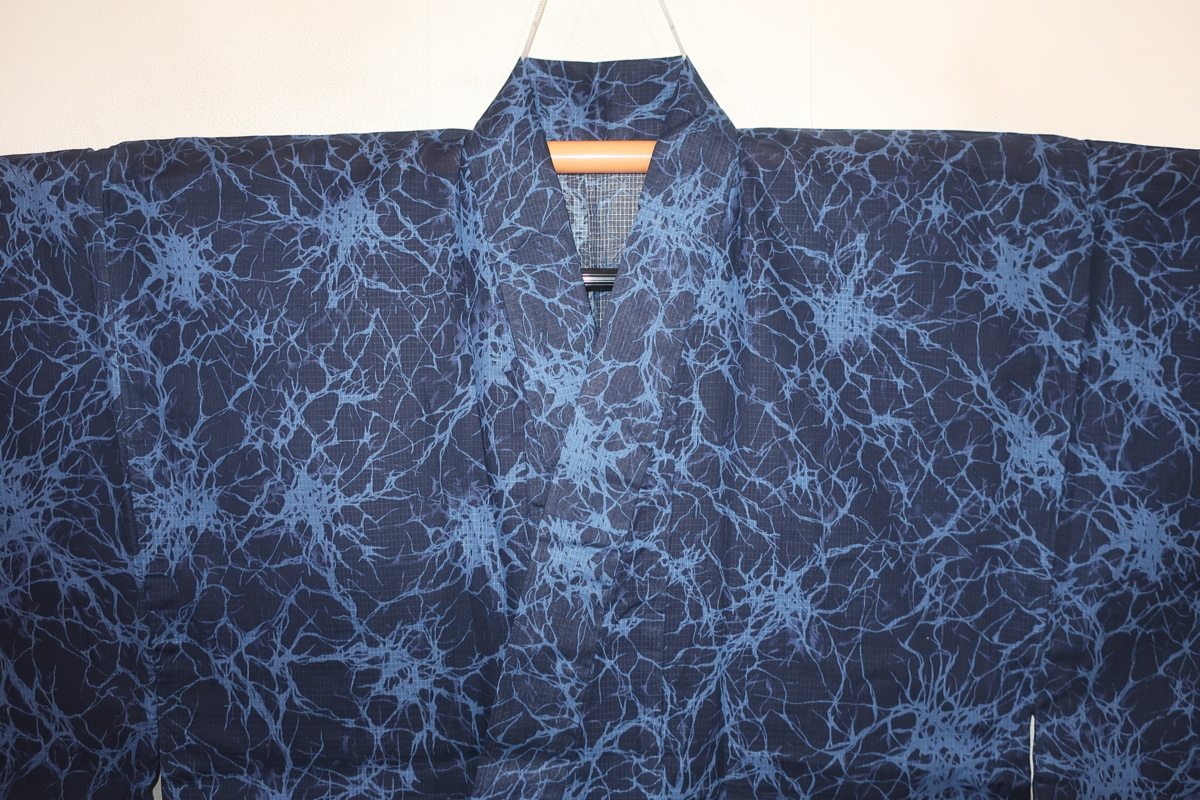 . earth 2454.. cotton Kobai man. high class yukata kimono single ..70 height 145К illusion. world [ blue * electric ] new goods 