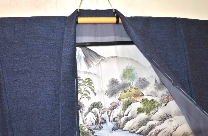 . month 234 2 ps silk book@ genuine cotton Yuuki pongee man kimono feather woven .70 height 134К blue ash lapis lazuli color. super lustre .. present-day size new goods 