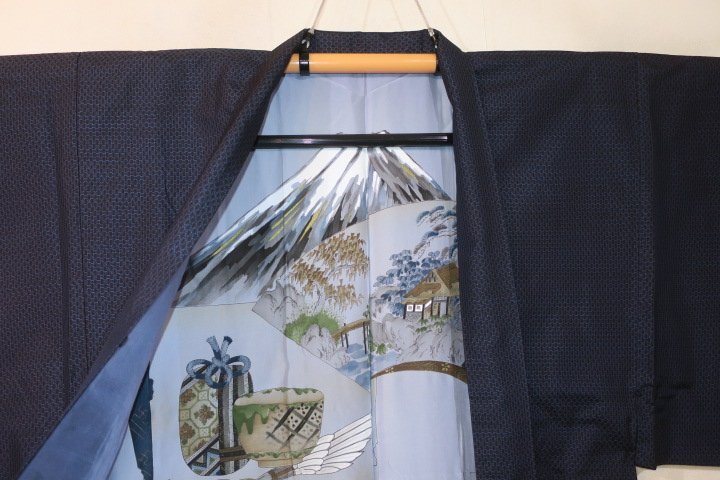 . earth 2464ps.@ silk mud Indigo . Ooshima pongee man kimono feather woven .68 height 142К black lapis lazuli precise have horse . eyes . design present-day thing flag seal proof paper attaching ultimate beautiful goods 