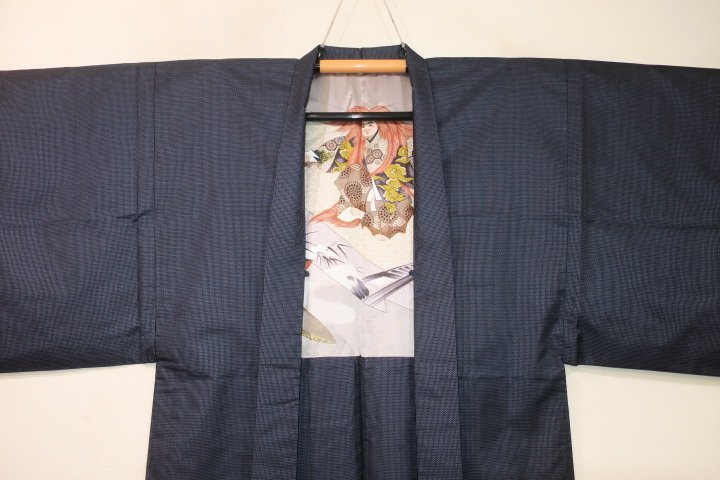 . day 248 2 ps silk original mud Indigo Ooshima pongee man kimono feather woven .71 height 140К iron navy blue 100 mountain turtle . dark color deep color waistline extra-large .110cm rank. person direction 