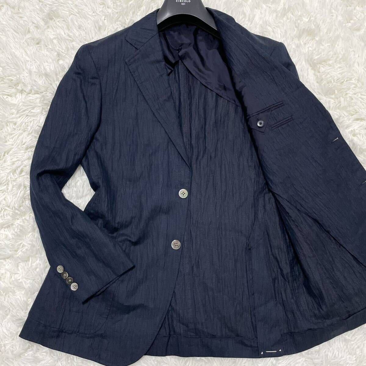 未使用級/実寸L位●アクアスキュータム Aquascutum テーラードジャケット シワ加工 リネン 麻 光沢ボタン ネイビー 濃紺 現行タグ 仕付け糸_画像1