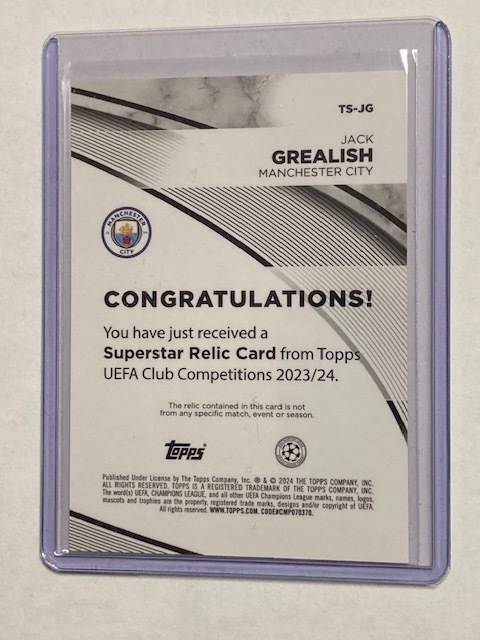 2023-24 Topps UEFA Club Competitions Jersey Card Jack Grealish ジャック・グリーリッシュ 選手着用ジャージーカード_画像2