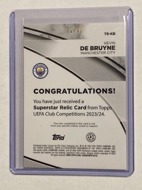 2023-24 Topps UEFA Club Competitions Blue Jersey Card Kevin De Bruyne /99 ケヴィン・デ・ブライネ 試合着用ジャージーカード_画像2