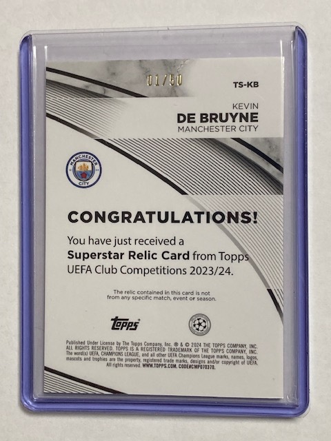 2023-24 Topps UEFA Club Competitions Gold Jersey Card Kevin De Bruyne 01/50 ケヴィン・デ・ブライネ 試合着用ジャージーカード_画像2
