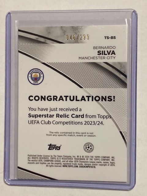 2023-24 Topps UEFA Club Competitions Purple Jersey Card Bernardo Silva /299 ベルナルド・シウバ 試合着用ジャージーカード_画像2