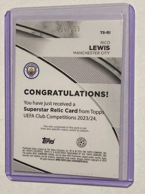 2023-24 Topps UEFA Club Competitions Green Jersey Card Rico Lewis /199 リコ・ルイス 試合着用ジャージーカード_画像2