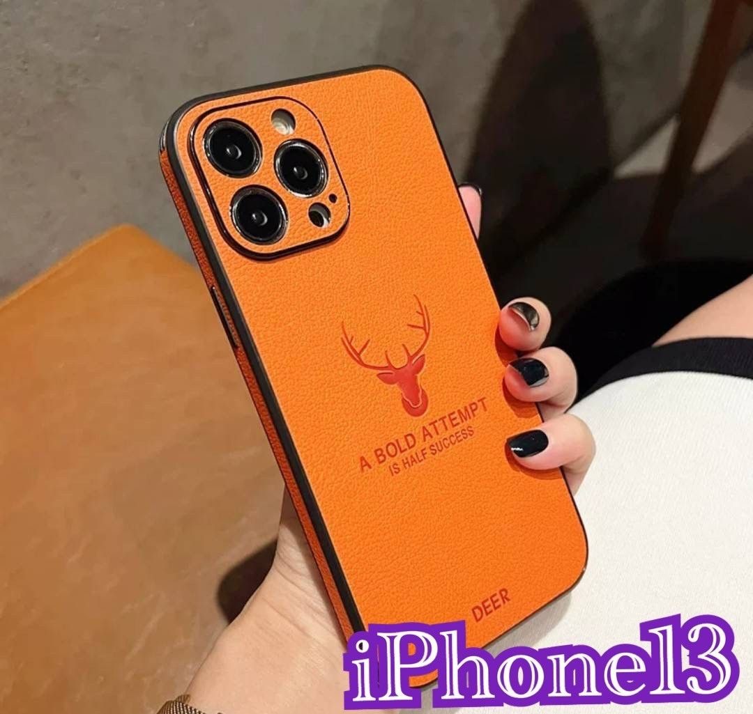 iPhoneケース13 韓国 耐衝撃 TPU オレンジ 鹿 ハードケース 