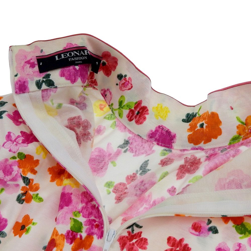 美品 LEONARD レオナール 花柄 半袖 トップス レディース コットン ホワイト×ピンク系 Lの画像3