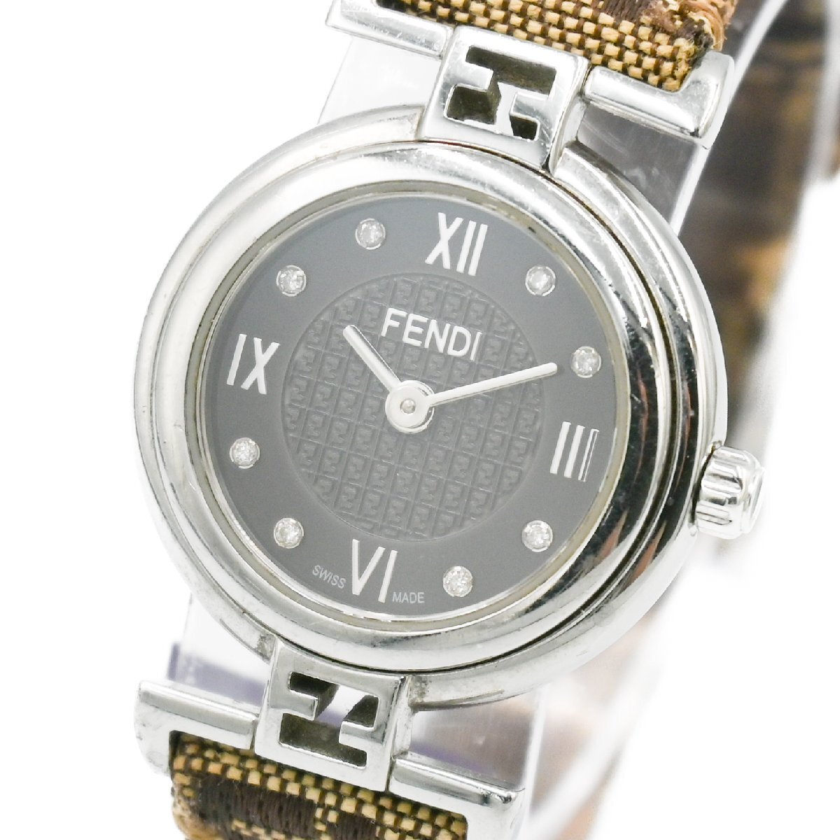 1円 稼働 良品 FENDI フェンディ 003-2700L-120 ズッカ 8Pダイヤ QZ クオーツ 黒文字盤 レディース 腕時計 ラウンド ブランド 342220240507_画像1