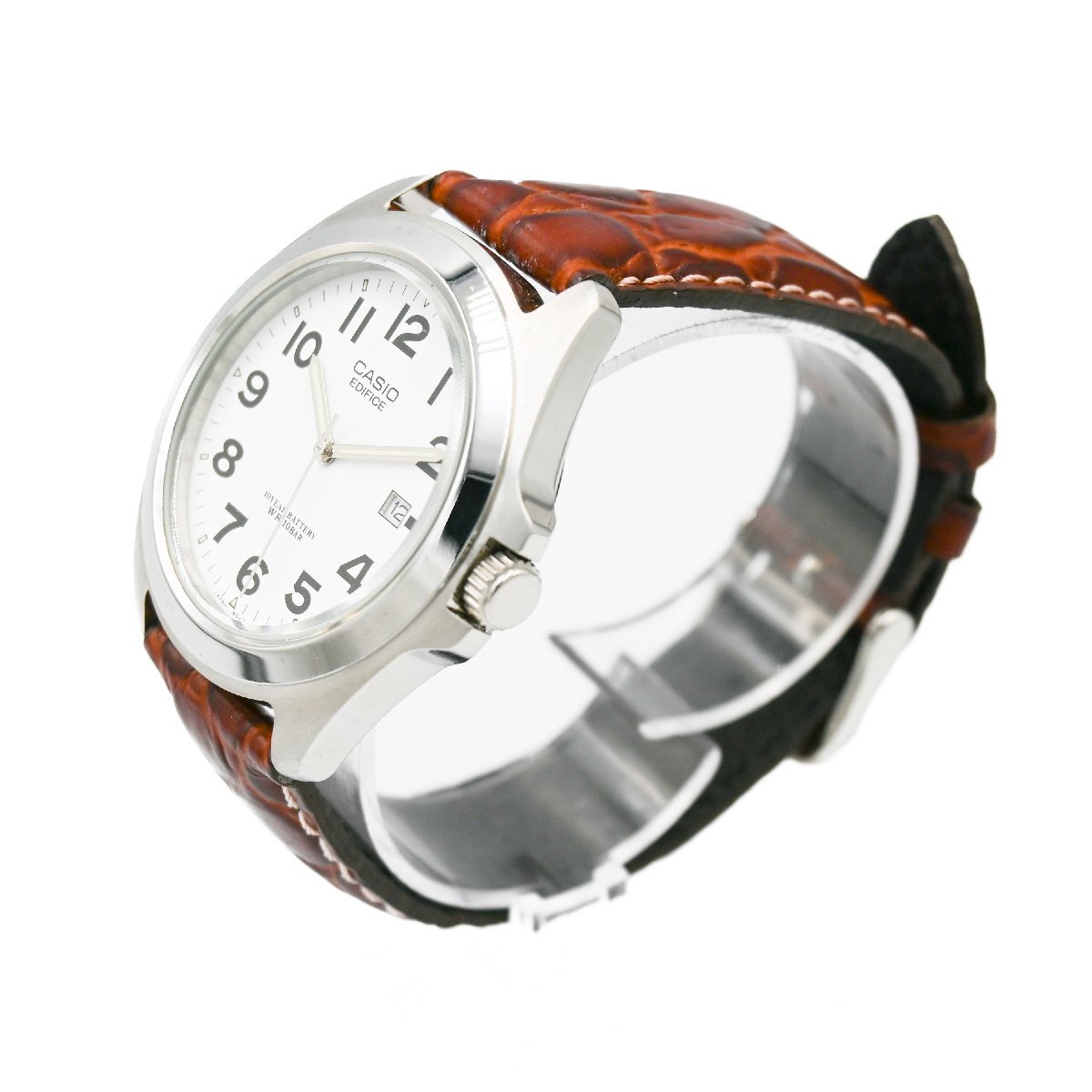 1円 CASIO EDIFICE カシオ エディフィス EF-120 QZ クオーツ デイト 3針 白文字盤 メンズ 腕時計 ラウンド 革ベルト ブランド 355720240514_画像2