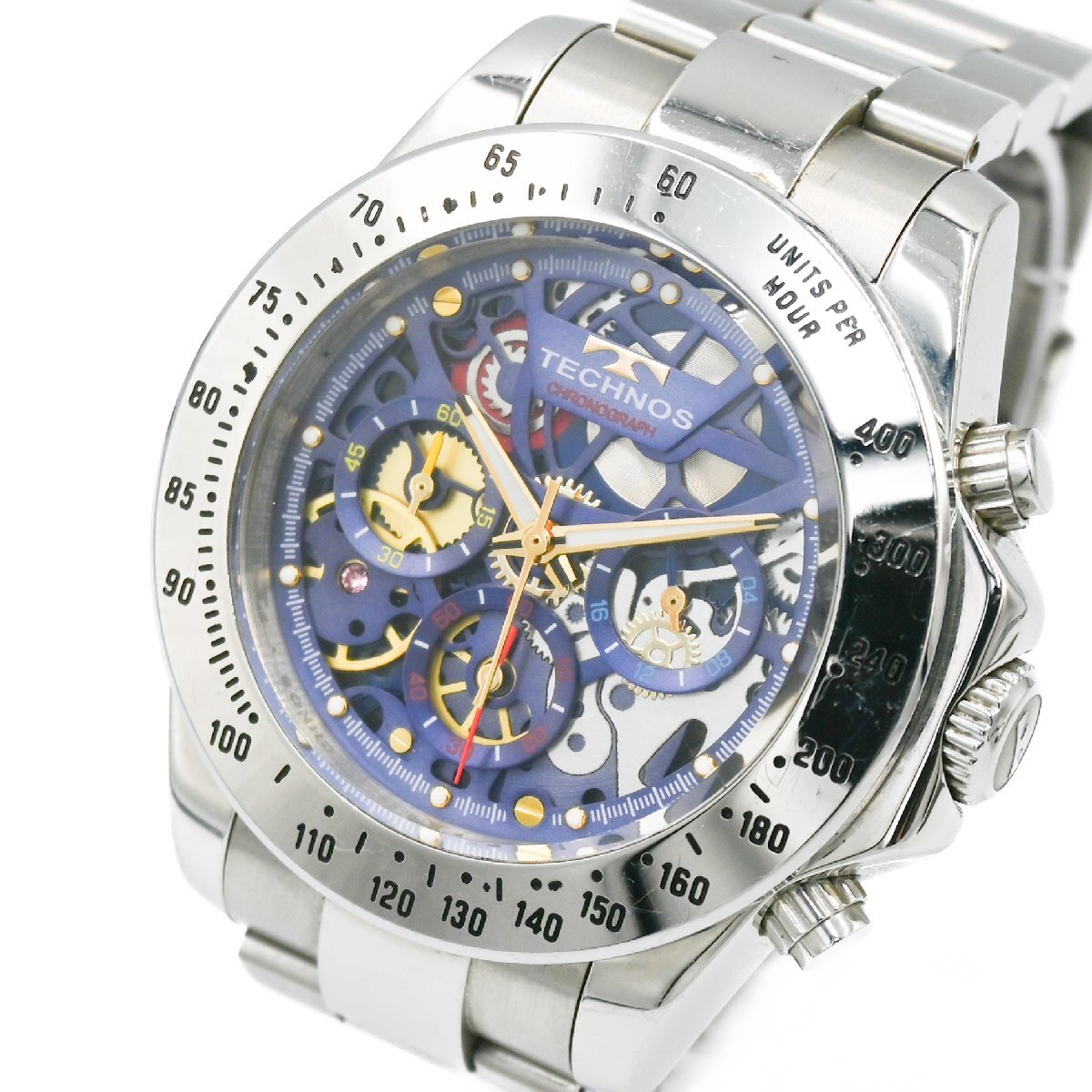 1 jpy operation TECHNOS Tecnos T9A84 chronograph QZ quarts blue skeleton face SS men's wristwatch round watch 356020240514
