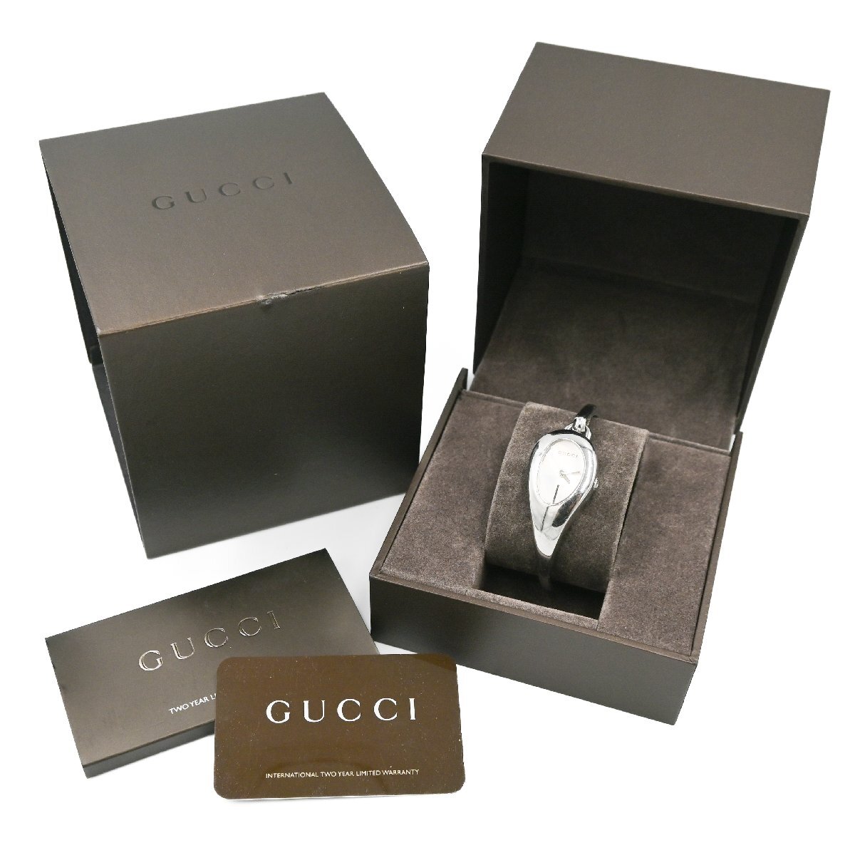 1円 稼働 箱/保証書付 GUCCI グッチ 103 バングルウォッチ オーバル QZ クオーツ シルバー 銀文字盤 レディース SS 腕時計 361520240514_画像8