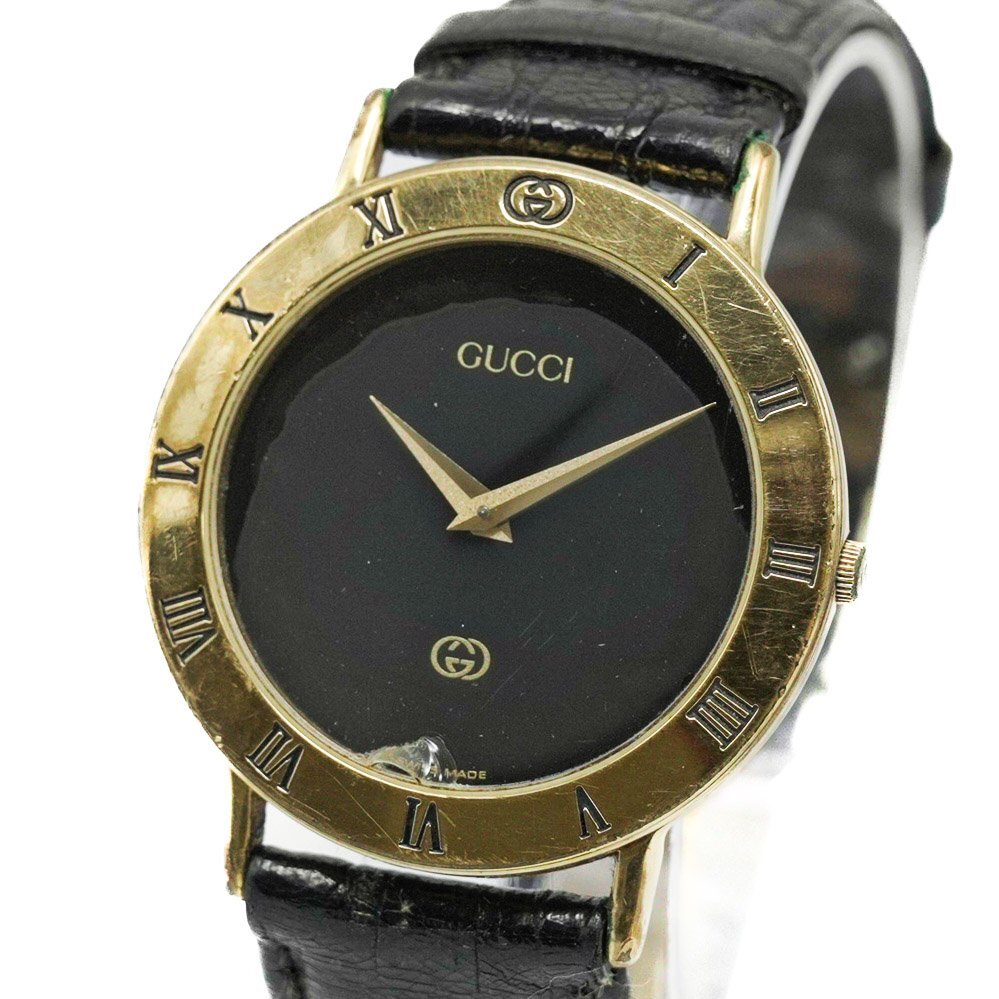 1円 GUCCI グッチ 3000M ゴールド QZ クオーツ 黒文字盤 GP メンズ 腕時計 ラウンド ブランド ウォッチ 革ベルト 男性用 310020240423_画像1