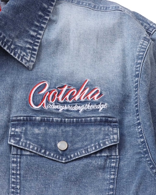 ☆未使用☆ メンズ GOTCHA 接触冷感 ロゴ刺繍 ストレッチ 6分袖 デニム シャツ 　M　インディゴ　定7,480円_画像8