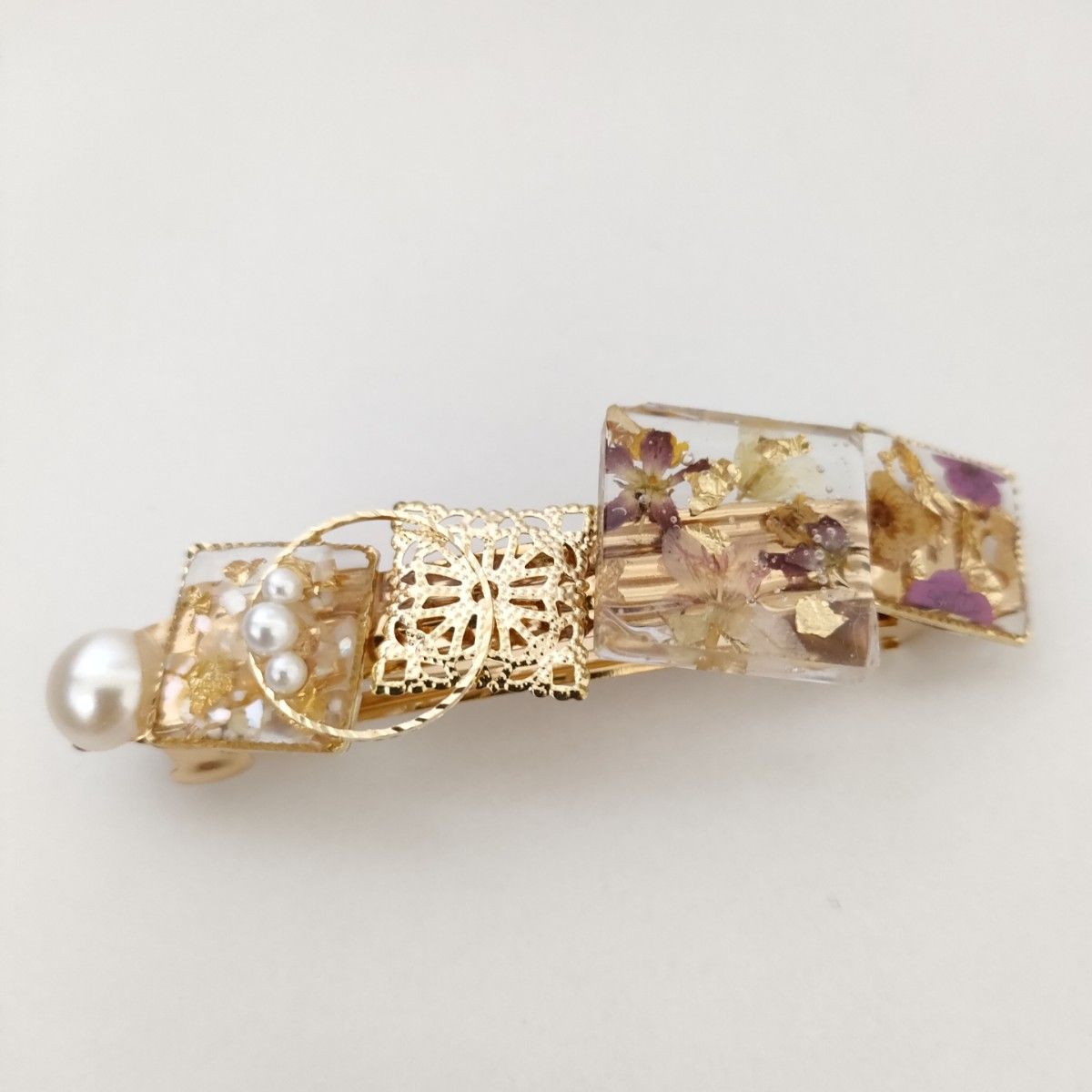 ハンドメイド バレッタ WineGold レジン 花