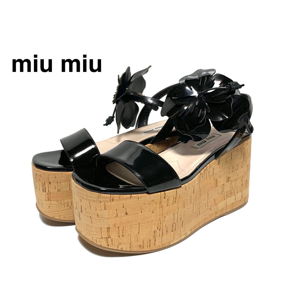*MiuMiu* サテンプラットフォーム ストラップ付サンダル ロゴ 美品 ミュウミュウ miumiu エナメル ストラップ