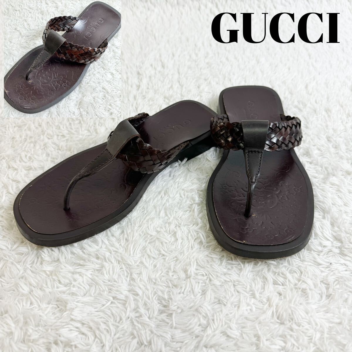 グッチ　サンダル　レザー　ダークブラウン　37.5 GUCCI イタリア製　編み込み　靴