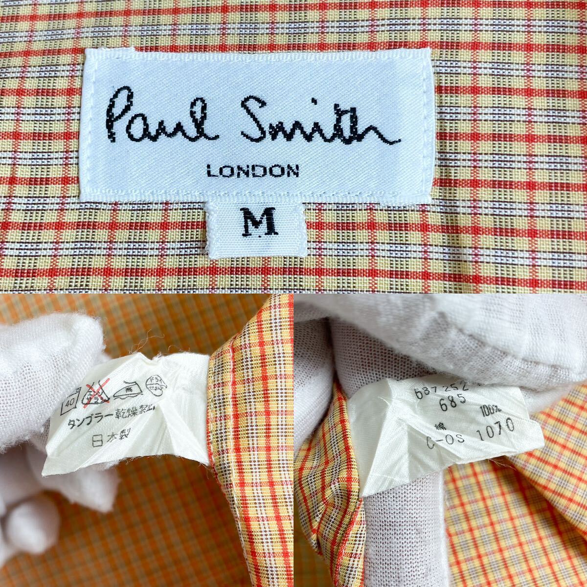 ポールスミス　長袖シャツ　チェック　オレンジ　Mサイズ 日本製　paul smith ボタンダウンシャツ コットン