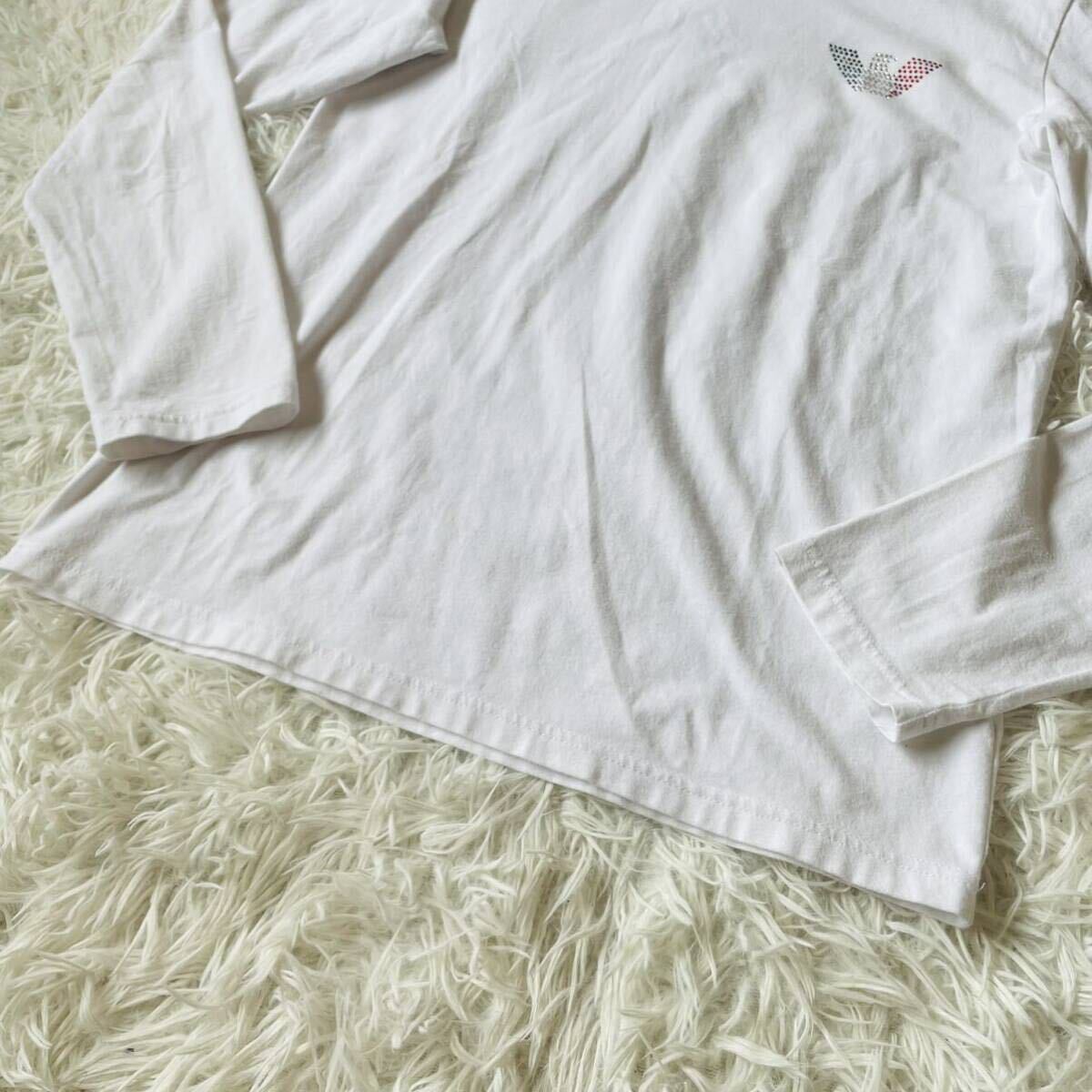 美品/Lサイズ●EMPORIO ARMANI エンポリオアルマーニ 長袖 Tシャツ バックロゴ マルチカラー スタッズ Vネック トップス ストレッチ 伸縮性_画像2