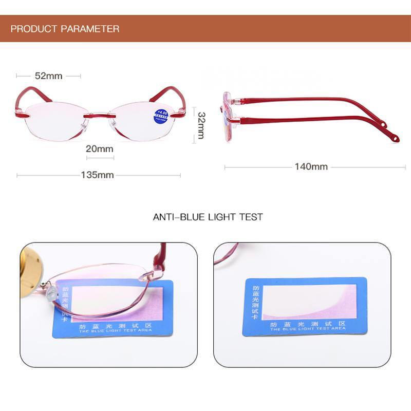 +3.5 ブルーライトカット老眼鏡 高級感お洒落 縁なしリムレスカットレンズ シニアグラス レディース女性用かわいいツーポイント赤 送料無料_画像7
