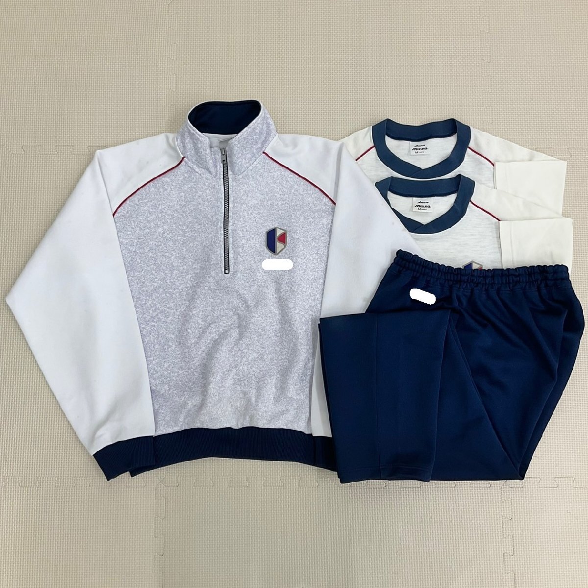 U688/S1145( used ) Hiroshima prefecture . day city high school gym uniform 4 point / old design /M JASPO/ long sleeve / short sleeves / long trousers /MIZUNO/. gray / white / navy blue / jersey / woman /. industry raw goods /