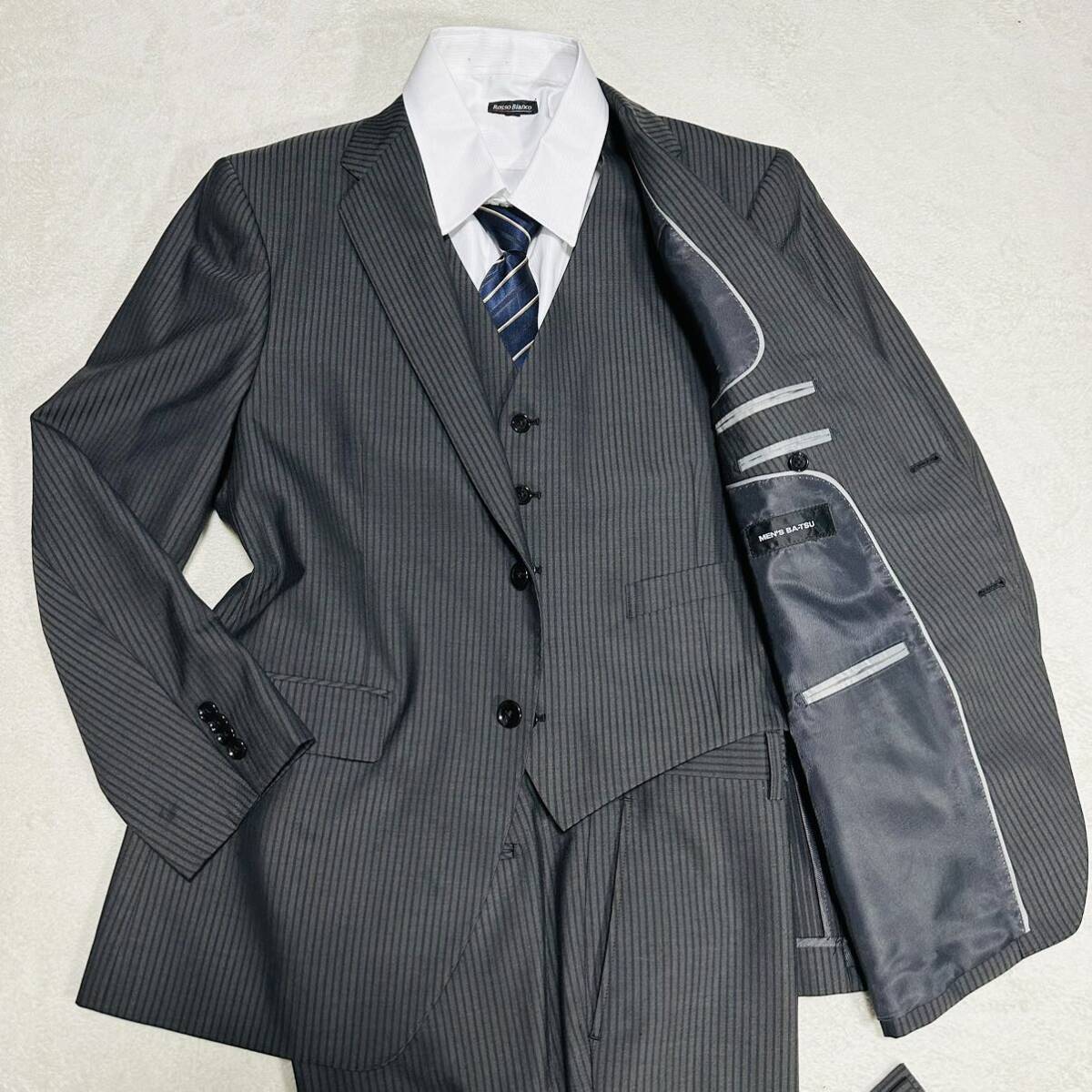  rare XL!MEN\'S BA-TSU 3 piece stretch single suit shadow stripe three-piece setup 2B.. spring summer men's gray BB6