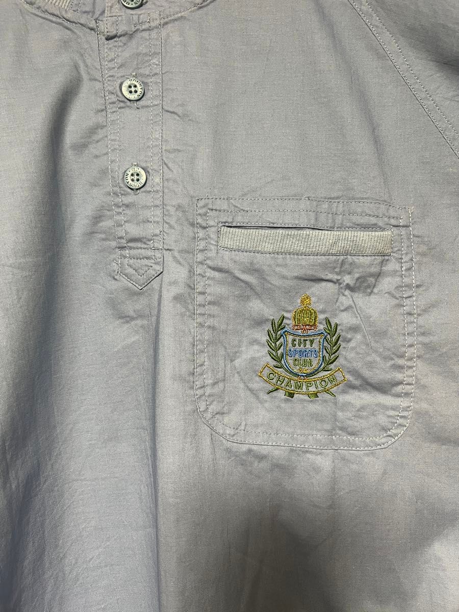 HOUSTON OPEN ノーカラー 半袖 シャツ 胸ポケット付き 刺繍ロゴ M