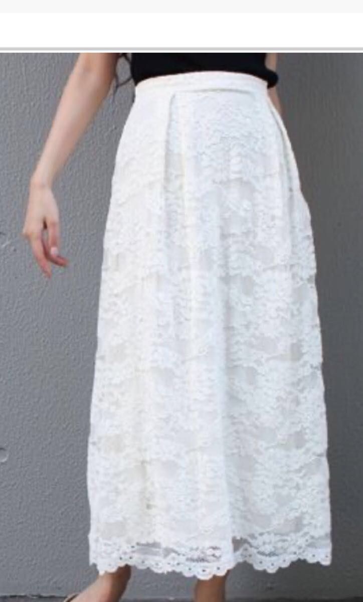 未使用　夏物　裾スカラップフラワー総レーススカート　ホワイト　白　マディ株式会社　マルイ　ロングスカート　インシード