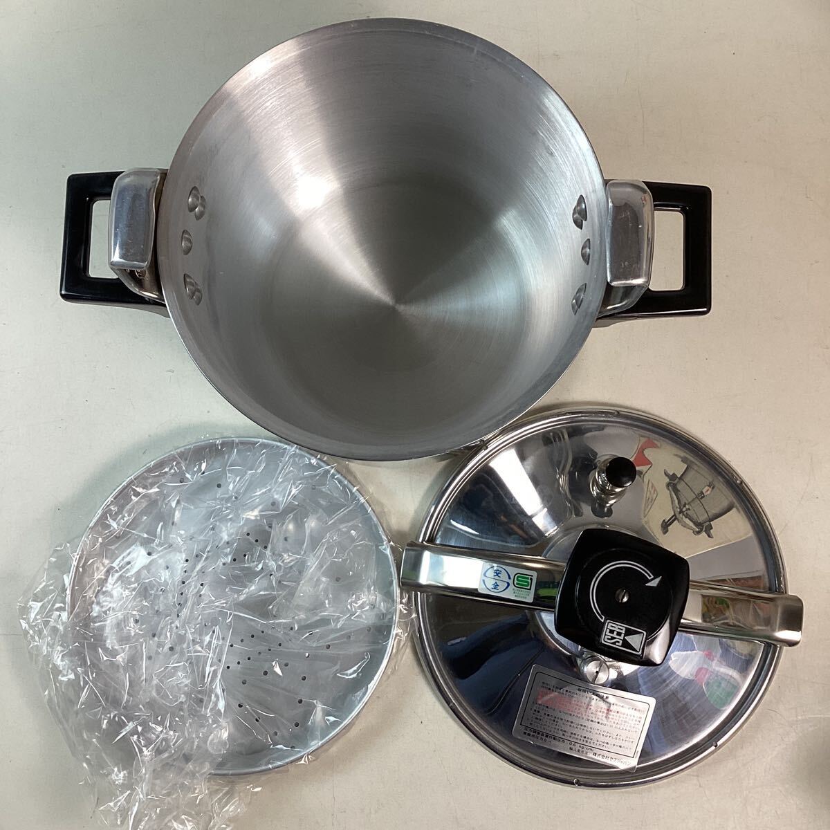 y5227 cooking pot 5 point set both hand one hand pressure ........... thing .. thing stainless steel original copper horn low 22~28cm cover attaching unused ~ used 