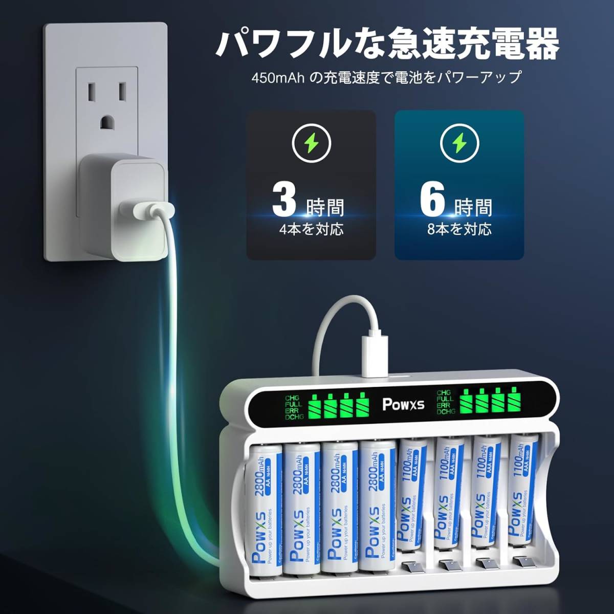 8スロット充電器 POWXS 電池 単3 単4 充電器 急速電池充電器 LCD液晶ディスプレイ ニッケル水素/ニカド 単三充電池/_画像5