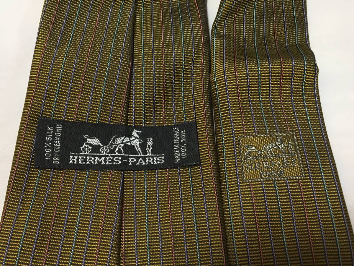 ○W362○USED 美品 HERMES エルメス ネクタイ シルク100％ フランス製 グリーン系 緑 ストライプ_画像6