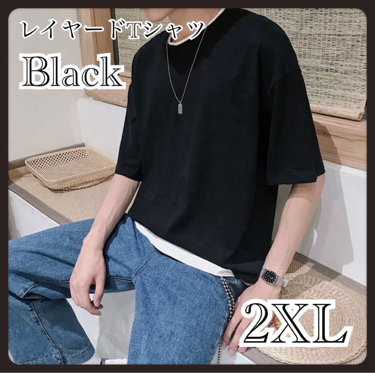 メンズ　レイヤードTシャツ　ブラック　2XL トップス　フェイク　夏　半袖　カットソー   無地　シンプル　韓国　カジュアル